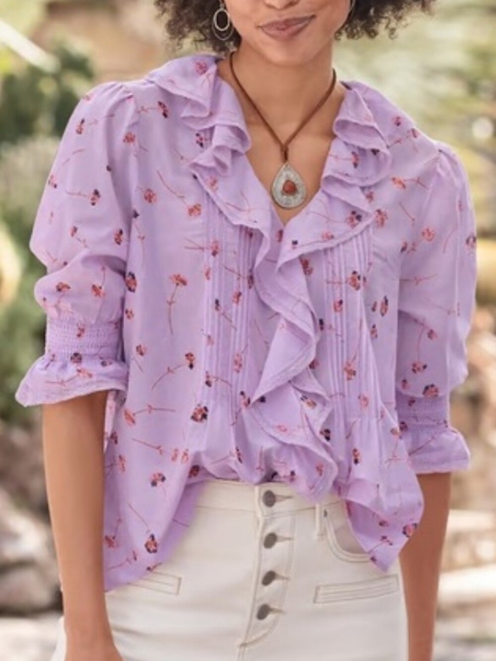 Sundance Beatrice Lavender Floral Ruffle Button Down Oversized Blouse Size S